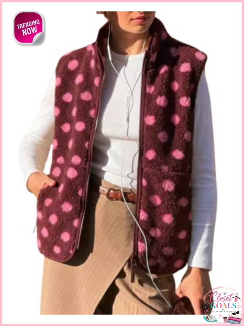 Sherpa Fleece Polka Dot Zip Up Vest Gilet
